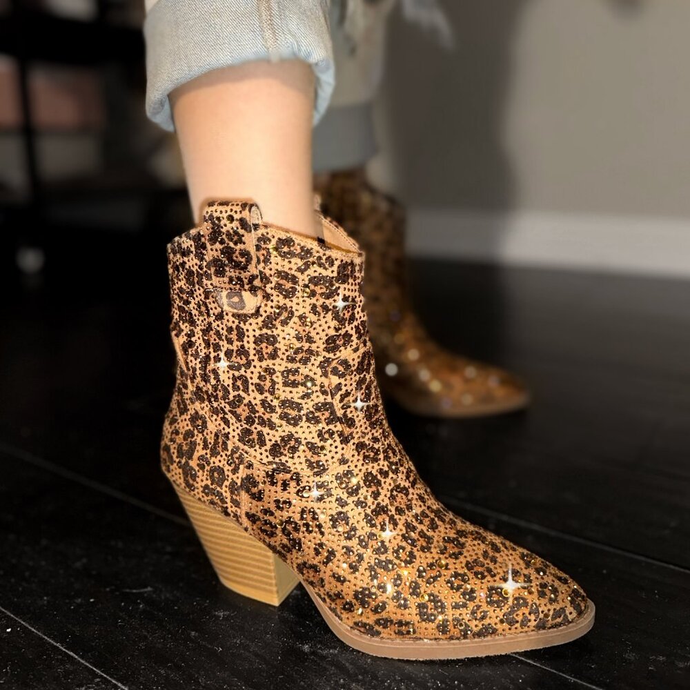 Leopard Print Ankle Booties with Block Heel - Tan/Black